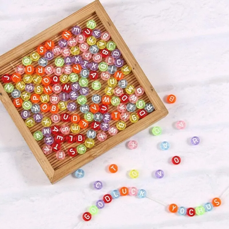 200pcs Mix Letter Acrylic Beads Round Flat Alphabet Spacer Bead and Elastic Cord For Jewelry Make Handmade Diy Bracelet Necklace