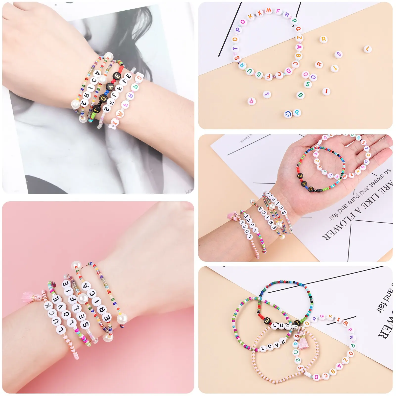 200pcs Mix Letter Acrylic Beads Round Flat Alphabet Spacer Bead and Elastic Cord For Jewelry Make Handmade Diy Bracelet Necklace