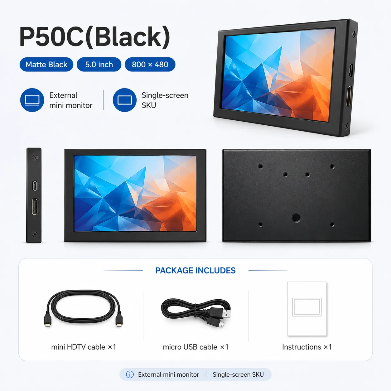 LESOWN 5 Inch Mini Monitor IPS 800x480 Small Portable Capacitive Touch Screen LCD Display Metal Cover for Windows Mac PC