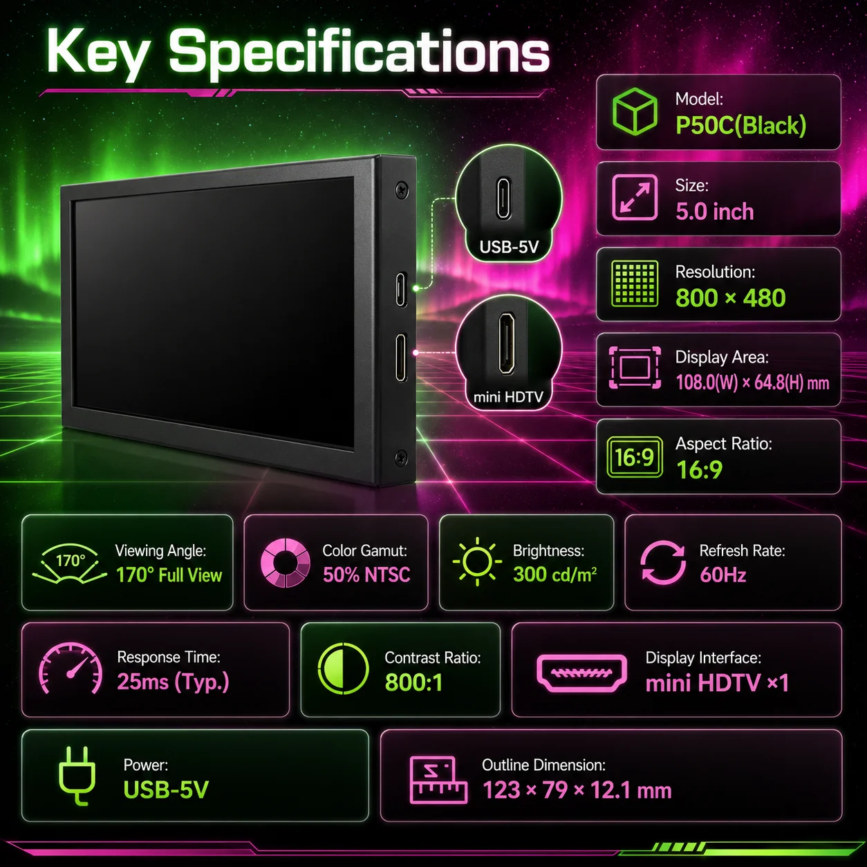 LESOWN 5 Inch Mini Monitor IPS 800x480 Small Portable Capacitive Touch Screen LCD Display Metal Cover for Windows Mac PC