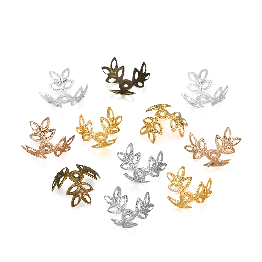100pcs/lot 16x16mm Metallic KC Gold Three leaves Spacer Beads End Cap For DIY Jewelry Making Bracelet Findings Supplies