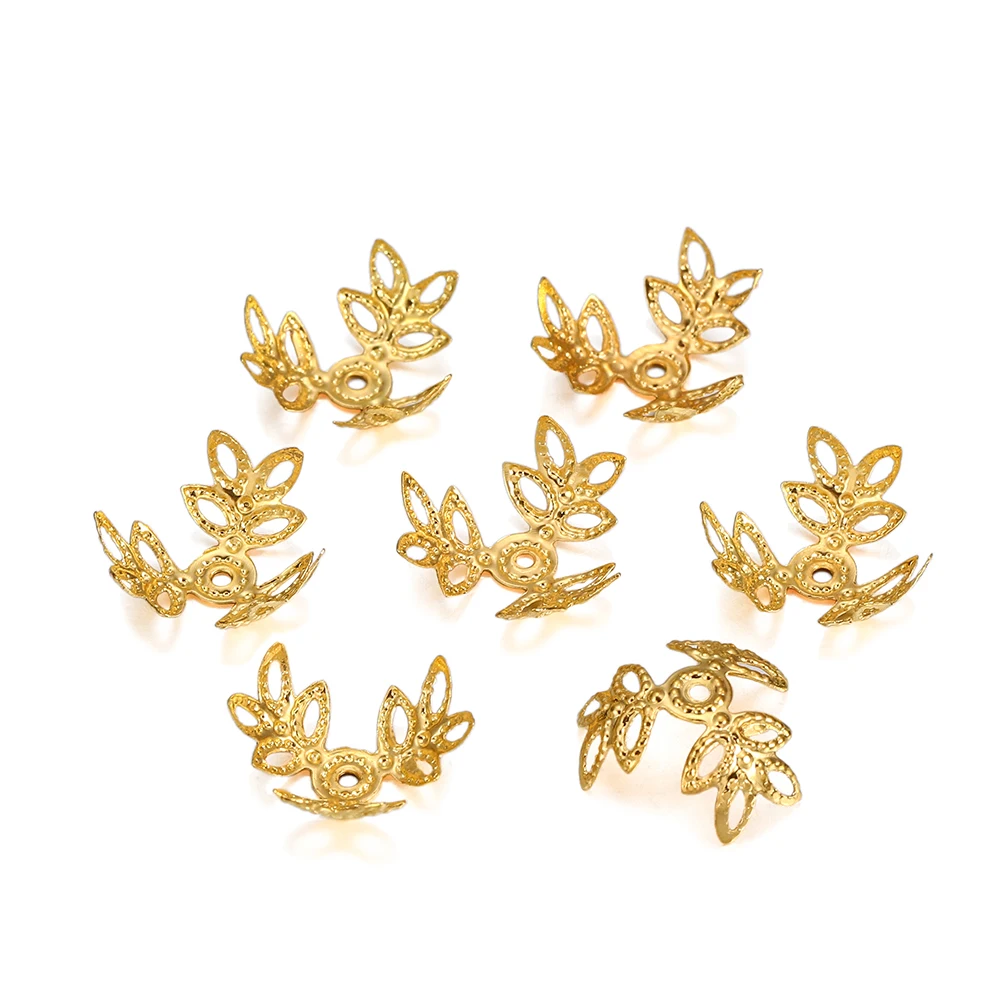 100pcs/lot 16x16mm Metallic KC Gold Three leaves Spacer Beads End Cap For DIY Jewelry Making Bracelet Findings Supplies
