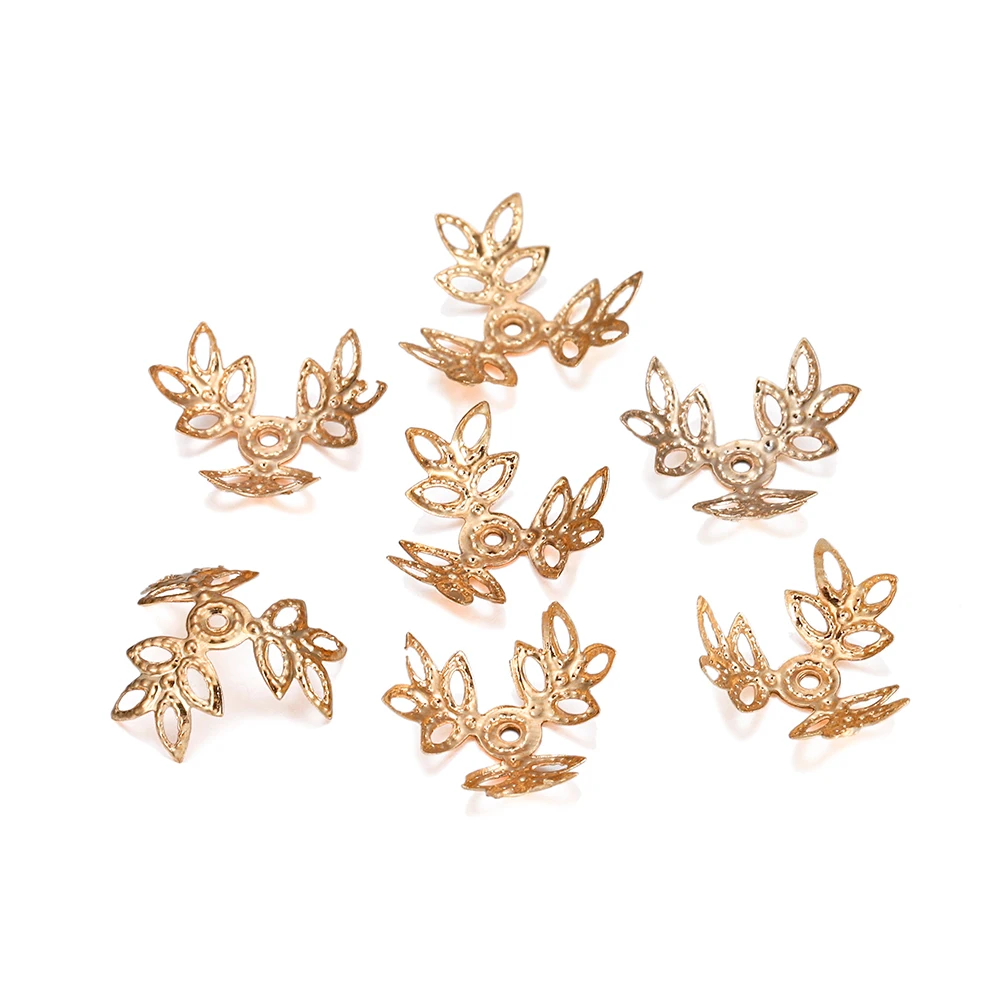 100pcs/lot 16x16mm Metallic KC Gold Three leaves Spacer Beads End Cap For DIY Jewelry Making Bracelet Findings Supplies