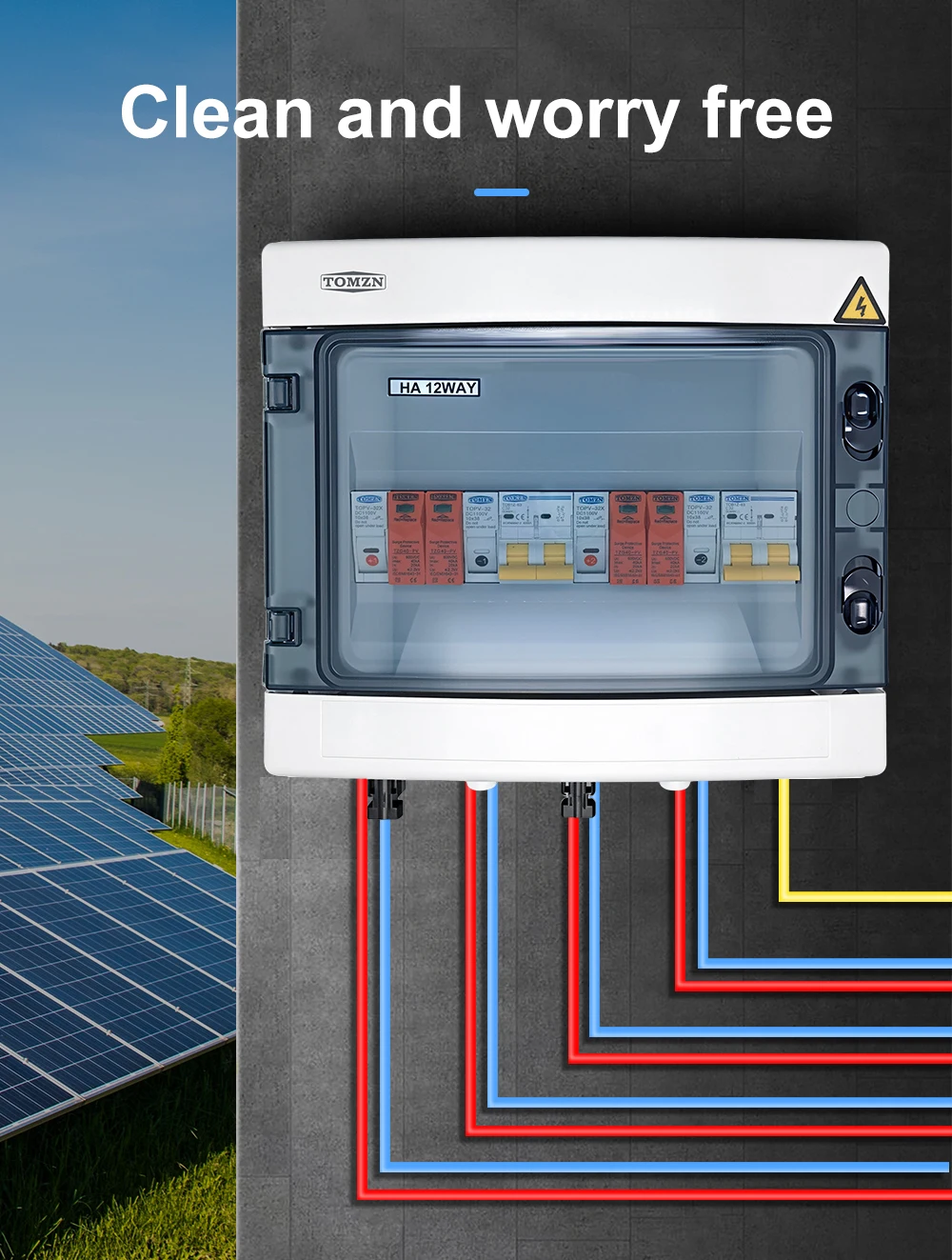 TOMZN Solar Photovoltaic PV Combiner Box With Lightning Protection 2 Input 2 Out DC 600V Fuse MCB SPD Waterproof Box IP65 12ways