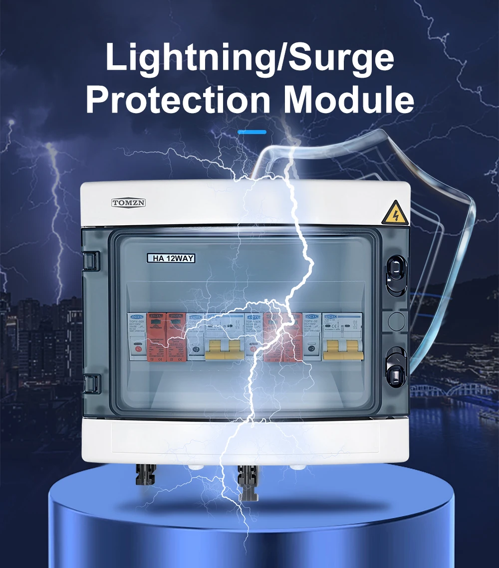 TOMZN Solar Photovoltaic PV Combiner Box With Lightning Protection 2 Input 2 Out DC 600V Fuse MCB SPD Waterproof Box IP65 12ways
