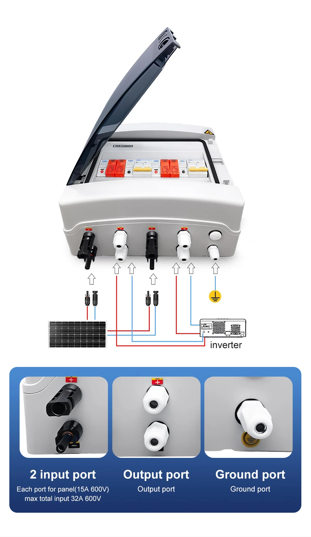 TOMZN Solar Photovoltaic PV Combiner Box With Lightning Protection 2 Input 2 Out DC 600V Fuse MCB SPD Waterproof Box IP65 12ways