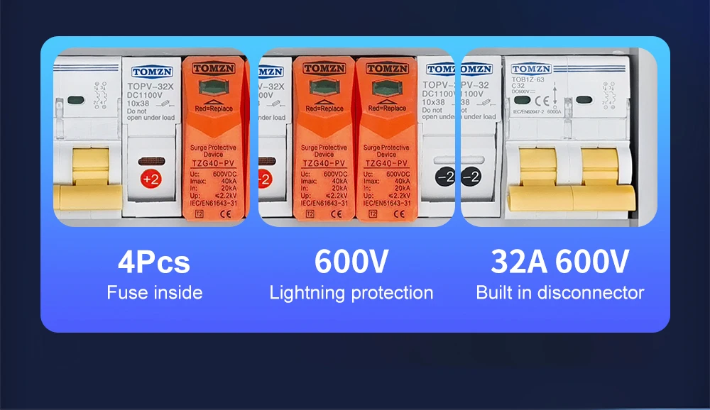 TOMZN Solar Photovoltaic PV Combiner Box With Lightning Protection 2 Input 2 Out DC 600V Fuse MCB SPD Waterproof Box IP65 12ways