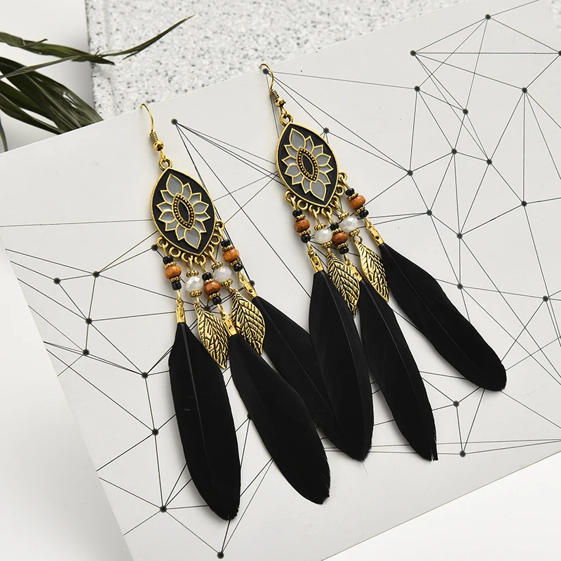 Black Long Bohemian Feather Earrings for Women Ethnic Unique Temperament Geometric Dangle Earrings Female Casual Jewelry