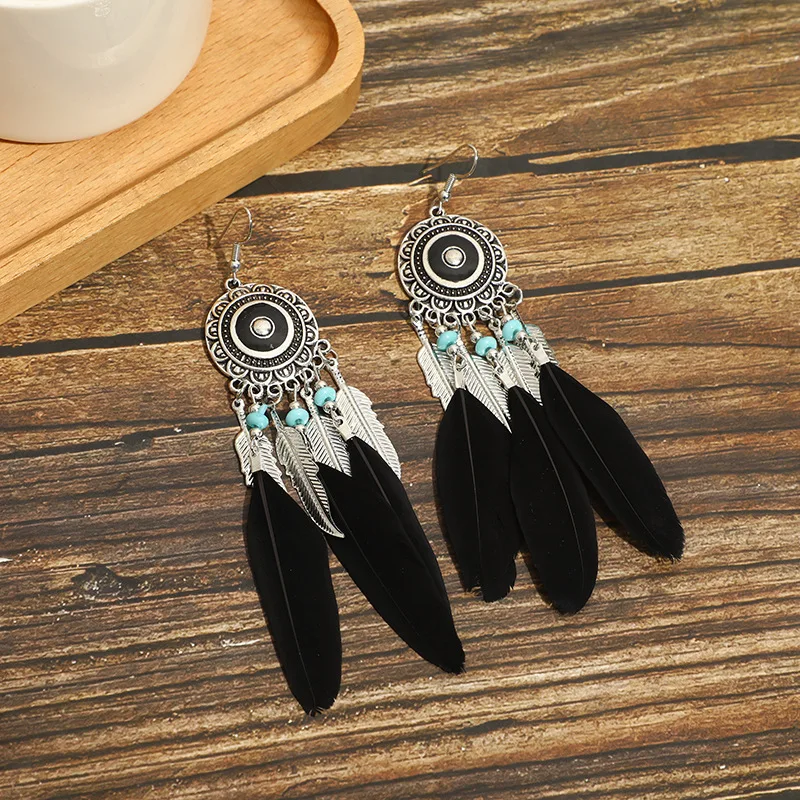 Black Long Bohemian Feather Earrings for Women Ethnic Unique Temperament Geometric Dangle Earrings Female Casual Jewelry