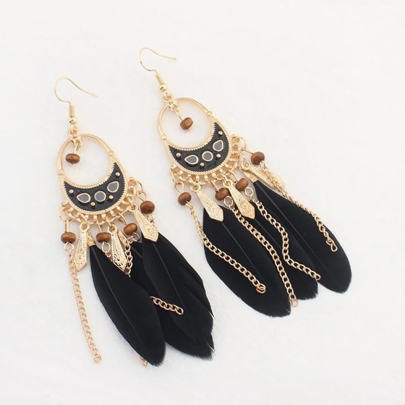 Black Long Bohemian Feather Earrings for Women Ethnic Unique Temperament Geometric Dangle Earrings Female Casual Jewelry