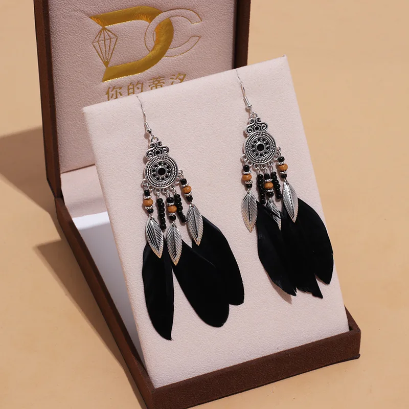 Black Long Bohemian Feather Earrings for Women Ethnic Unique Temperament Geometric Dangle Earrings Female Casual Jewelry