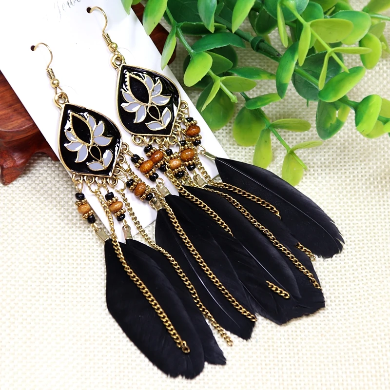 Black Long Bohemian Feather Earrings for Women Ethnic Unique Temperament Geometric Dangle Earrings Female Casual Jewelry