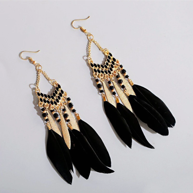 Black Long Bohemian Feather Earrings for Women Ethnic Unique Temperament Geometric Dangle Earrings Female Casual Jewelry