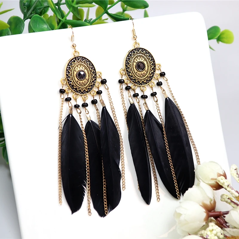 Black Long Bohemian Feather Earrings for Women Ethnic Unique Temperament Geometric Dangle Earrings Female Casual Jewelry