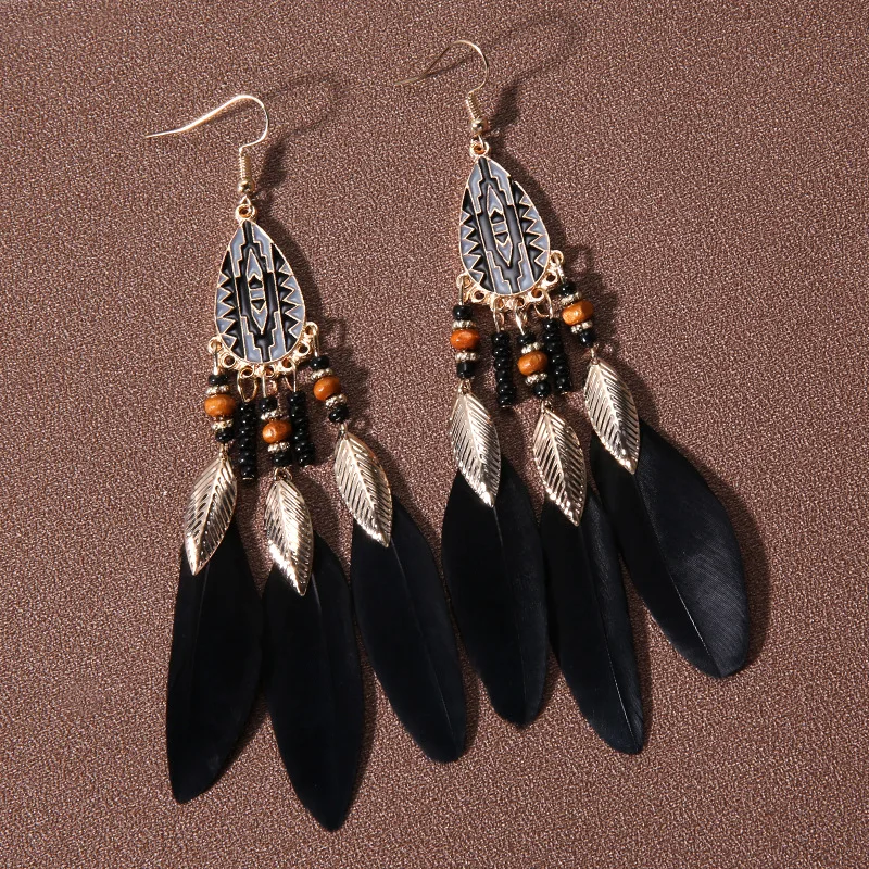 Black Long Bohemian Feather Earrings for Women Ethnic Unique Temperament Geometric Dangle Earrings Female Casual Jewelry