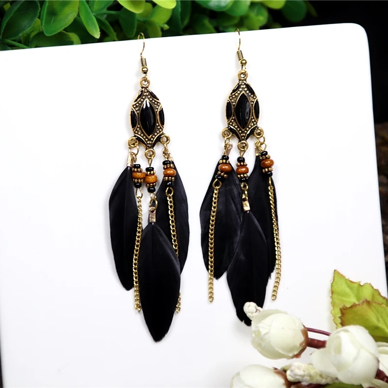 Black Long Bohemian Feather Earrings for Women Ethnic Unique Temperament Geometric Dangle Earrings Female Casual Jewelry