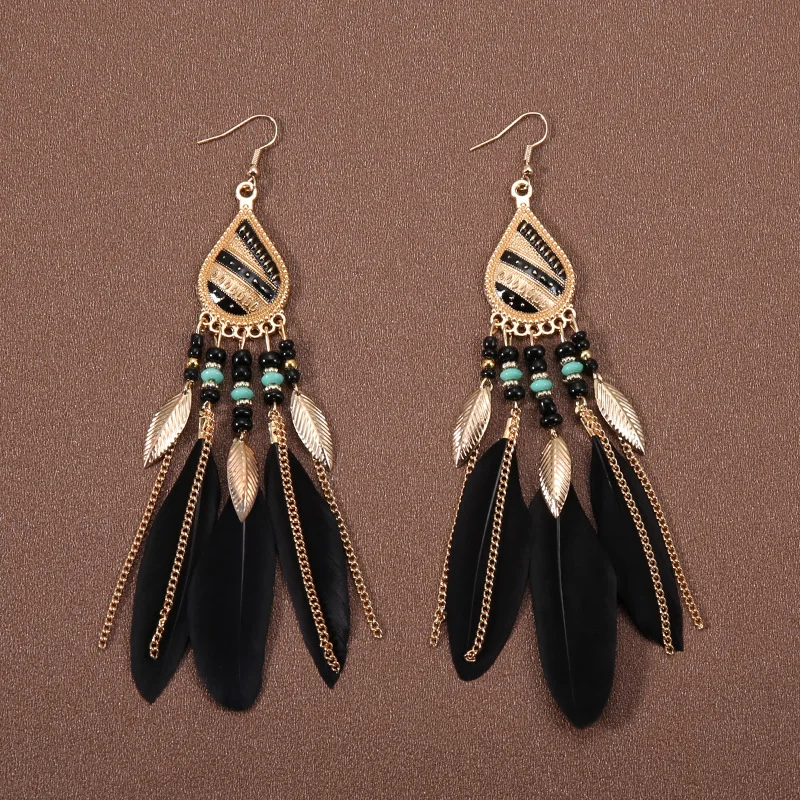 Black Long Bohemian Feather Earrings for Women Ethnic Unique Temperament Geometric Dangle Earrings Female Casual Jewelry