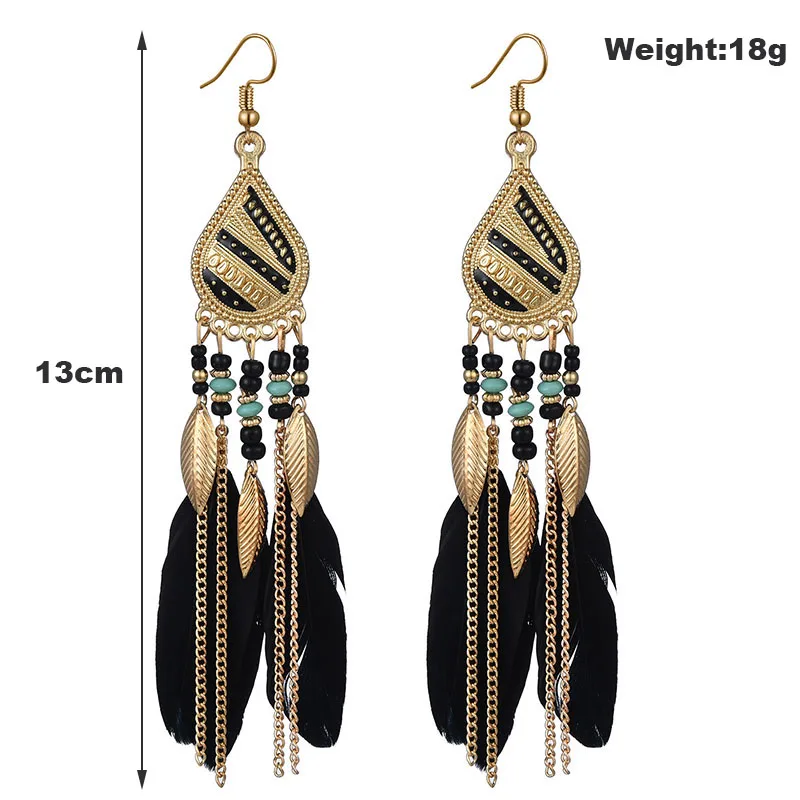 Black Long Bohemian Feather Earrings for Women Ethnic Unique Temperament Geometric Dangle Earrings Female Casual Jewelry