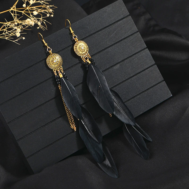 Black Long Bohemian Feather Earrings for Women Ethnic Unique Temperament Geometric Dangle Earrings Female Casual Jewelry