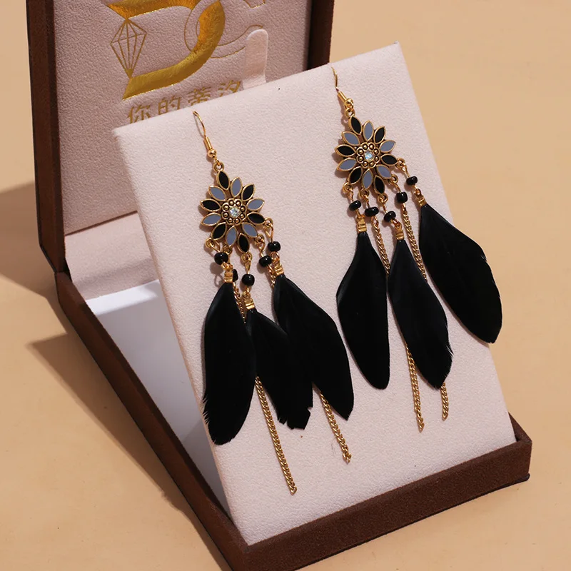 Black Long Bohemian Feather Earrings for Women Ethnic Unique Temperament Geometric Dangle Earrings Female Casual Jewelry