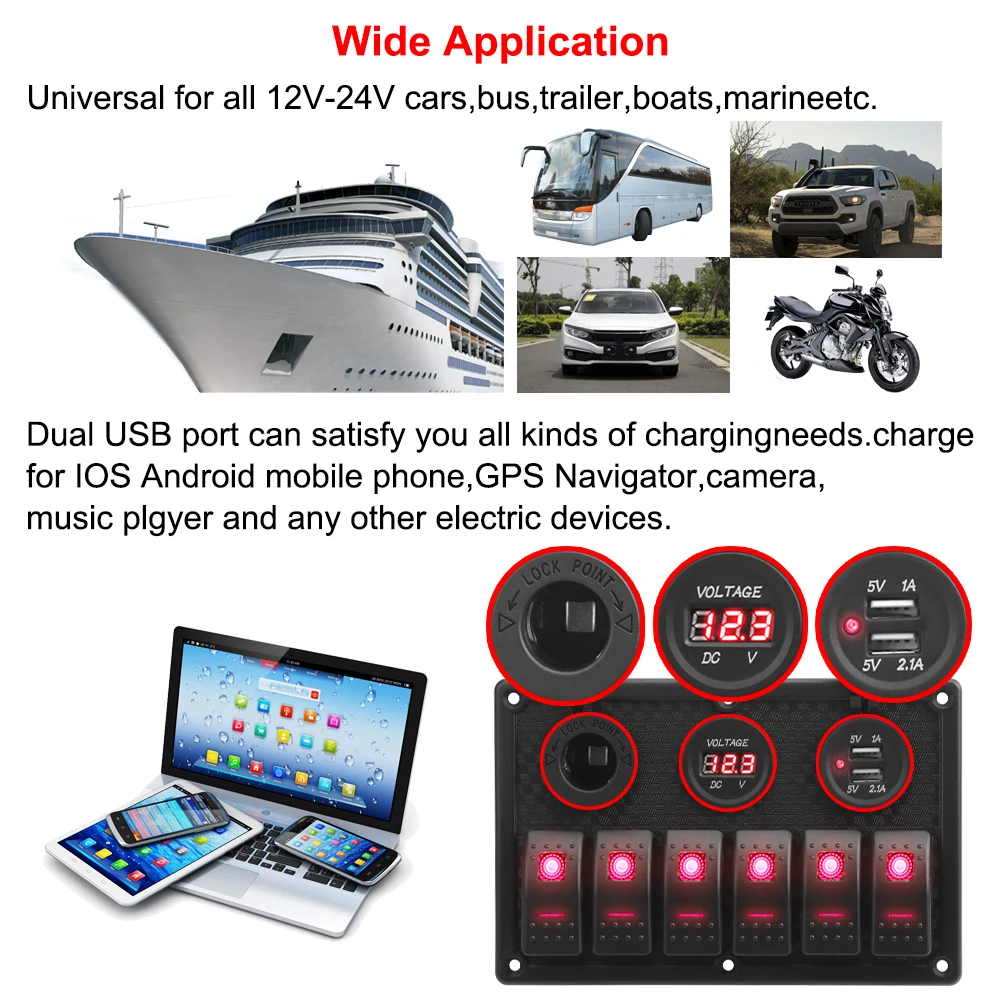 24V 12V 6 Buttons Switch Panel With Digital Voltmeter Tester USB Chargers 3.0 Light Toggle Car Power Adapter Marine Boat Caravan
