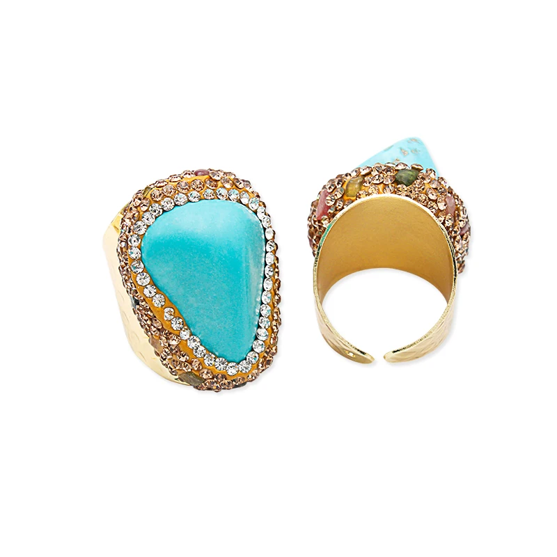 Irregular Turquoise Open Ring for Women Boho Micro Inlay Adjustable Reiki Natural Stone Finger Wedding Jewelry