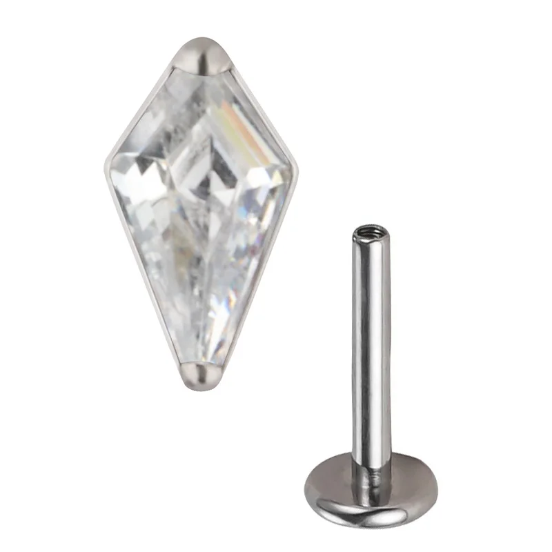 ASTM F136 Titanium rhombus EAR PIERC Zircon Paved Top Thread ear rings Cartilage Tragus Earrings Lip Stud Helix Piercing Jewelry