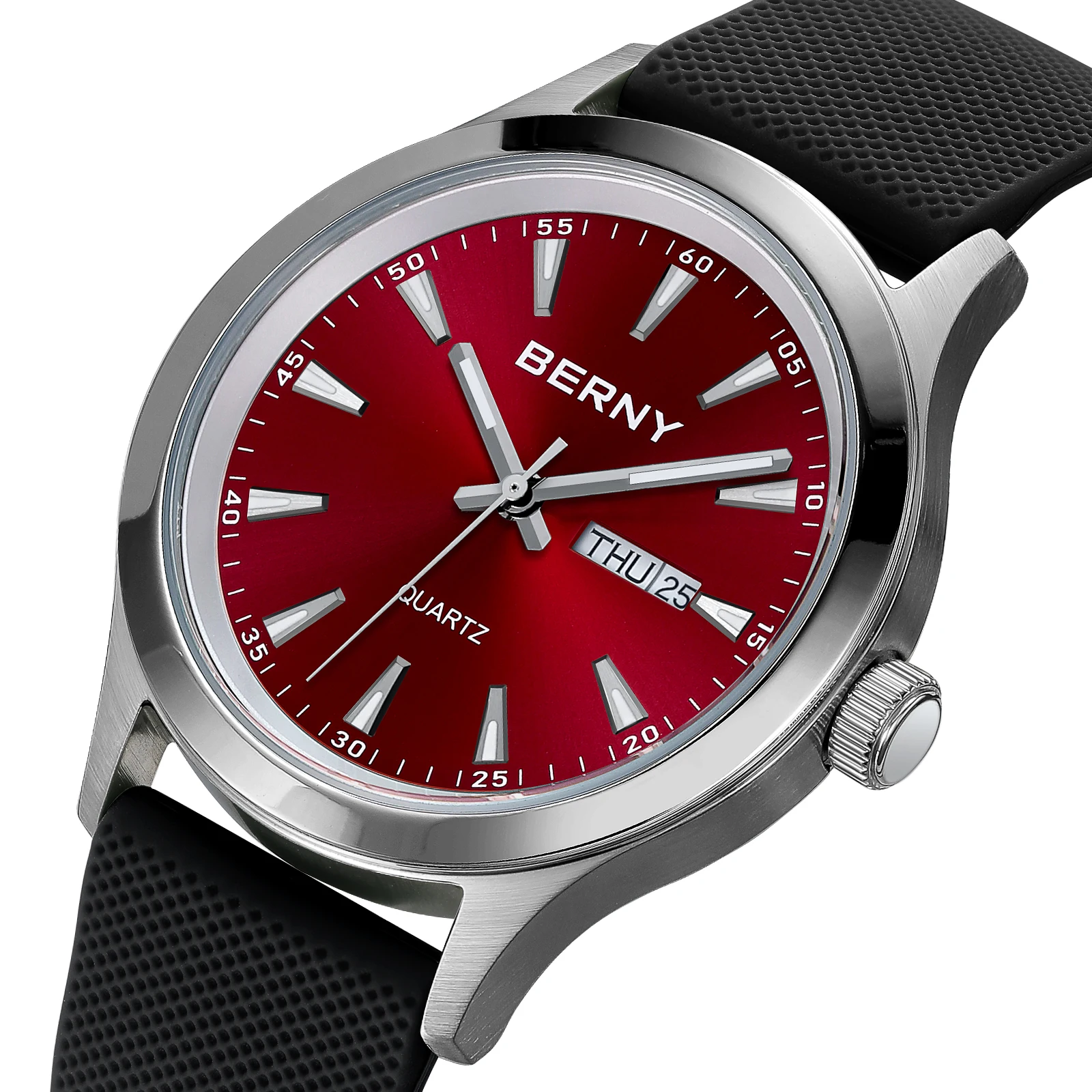 BERNY Men Watch Luminous Week Date Calendar Quartz watches for Men Stainless Steel Soft Silicone Dress Business Wristwatch