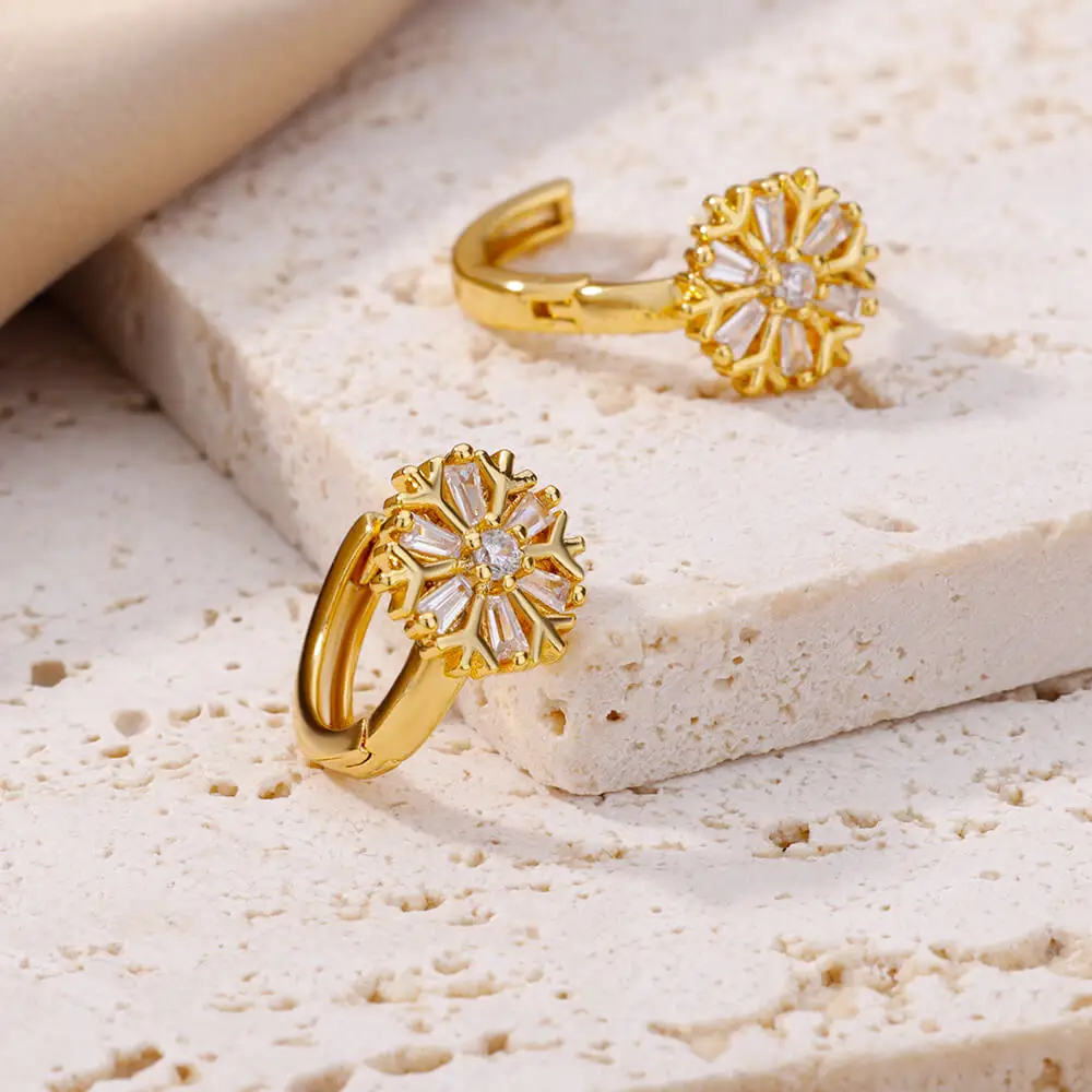 Zircon Snowflake Earrings For Women Gold Color Stainless Steel Flower Geometric Hoop Earring Aesthetic Luxury Wedding Jewerly