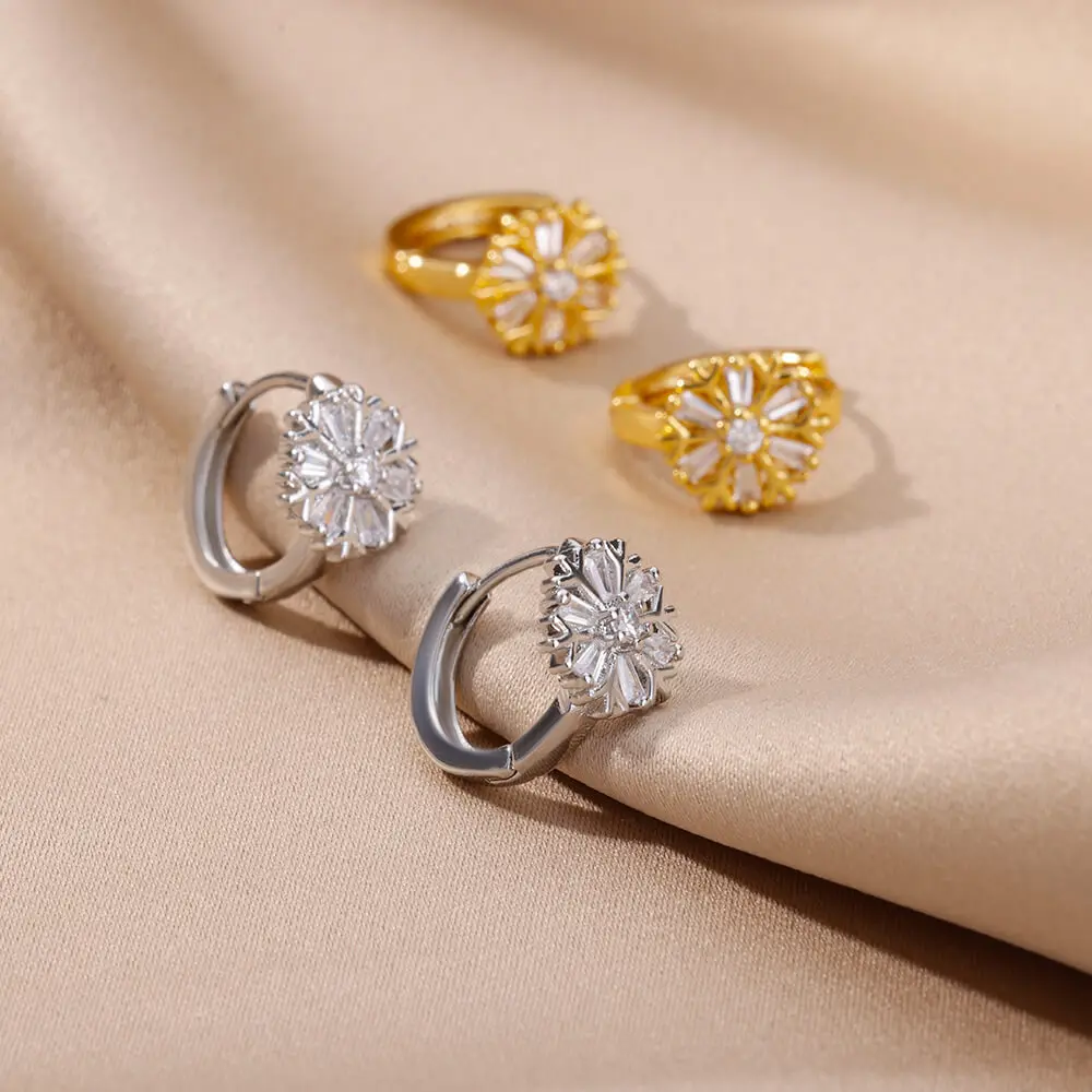 Zircon Snowflake Earrings For Women Gold Color Stainless Steel Flower Geometric Hoop Earring Aesthetic Luxury Wedding Jewerly