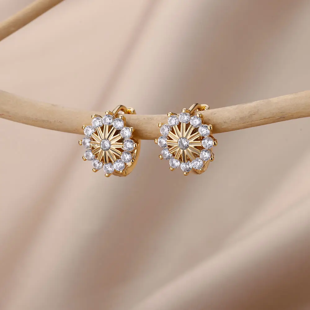 Zircon Snowflake Earrings For Women Gold Color Stainless Steel Flower Geometric Hoop Earring Aesthetic Luxury Wedding Jewerly
