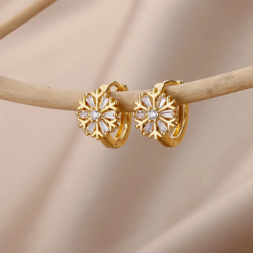 Zircon Snowflake Earrings For Women Gold Color Stainless Steel Flower Geometric Hoop Earring Aesthetic Luxury Wedding Jewerly