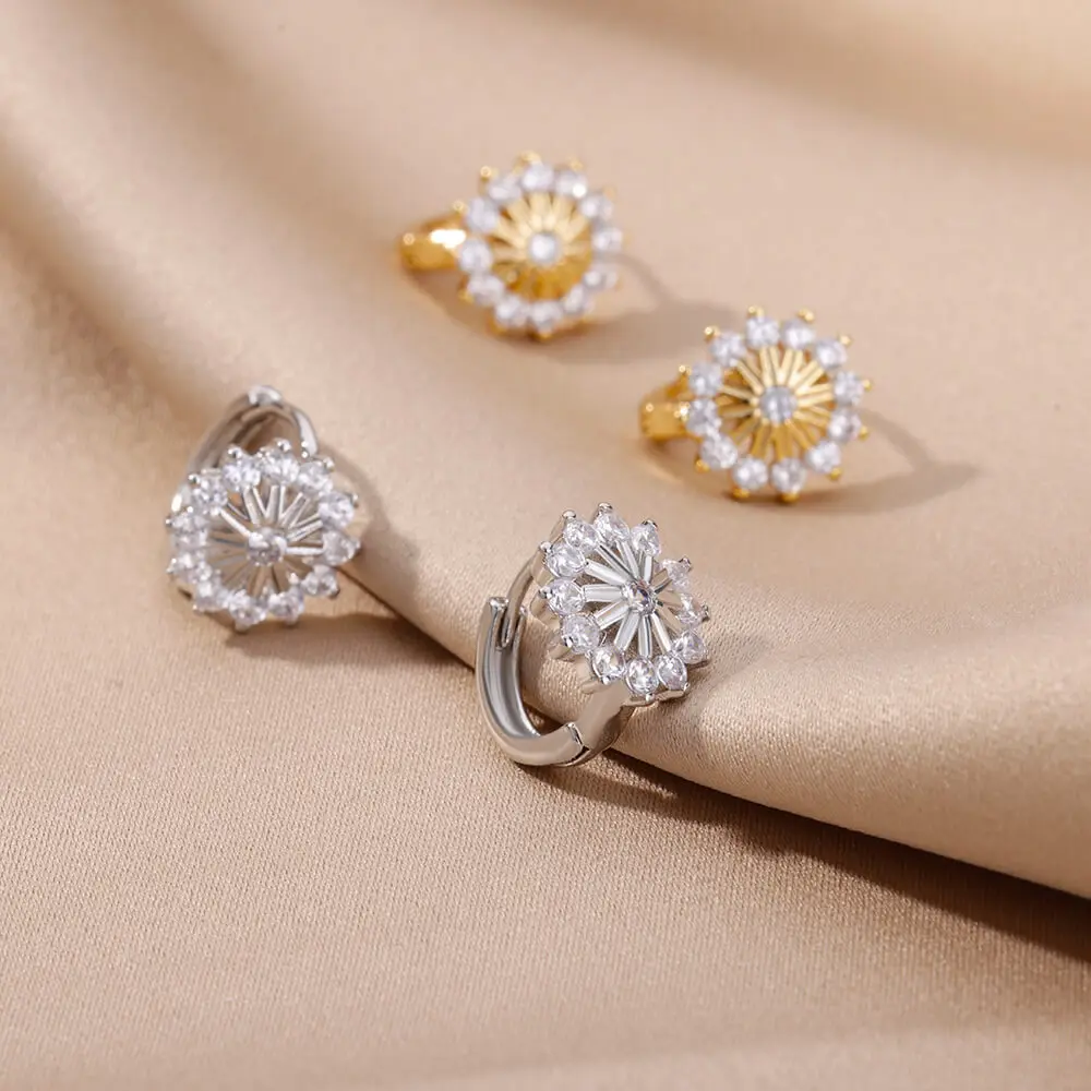 Zircon Snowflake Earrings For Women Gold Color Stainless Steel Flower Geometric Hoop Earring Aesthetic Luxury Wedding Jewerly