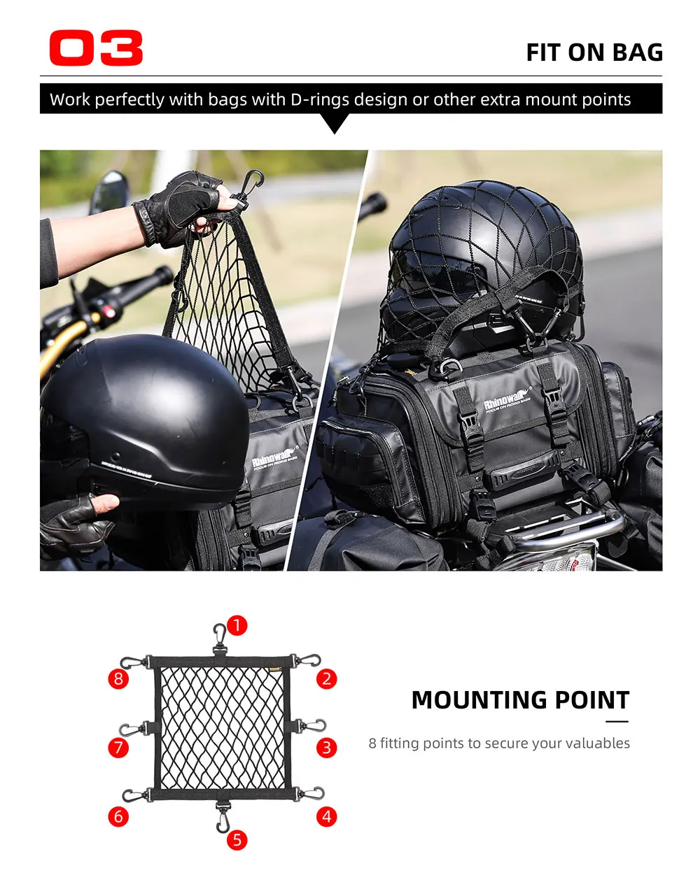 Rhinowalk Motorcycle 8 Metal Or Plastic Hooks Helmet Holder Net Motorbike Luggage Net Holder Mesh Storage Trunk Bag Accessories