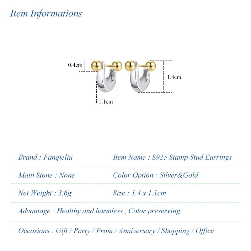 Real 925 Sterling Silver New Fashion Jewelry U Stud Earrings For Women FQL23218