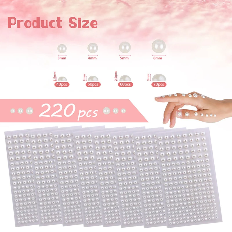 220pcs Mix 3mm/4mm/5mm/6mm Hair Pearls Stick On Self Adhesive Pearls Stickers Face Pearls Stickers for Hair Face Makeup