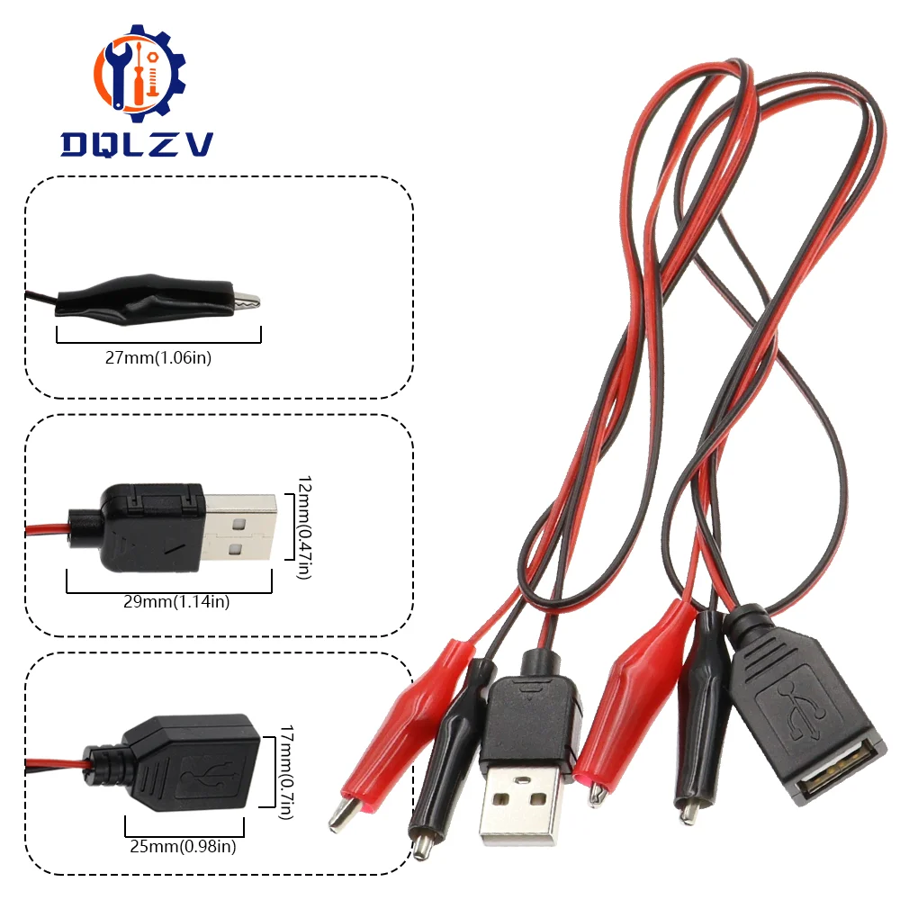 60CM Alligator Test Cilp To USB Male Female Connector Adapter Crocodile Test Clamp Clip Power Cable