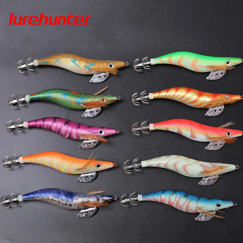 10PCS with Shrimp Bag 3D Printing 2.5 3.0 3.5 Hook Luminous Squid Jig Fishing Wood Shrimp Lure Squid Cuttlefish Jigs Lures