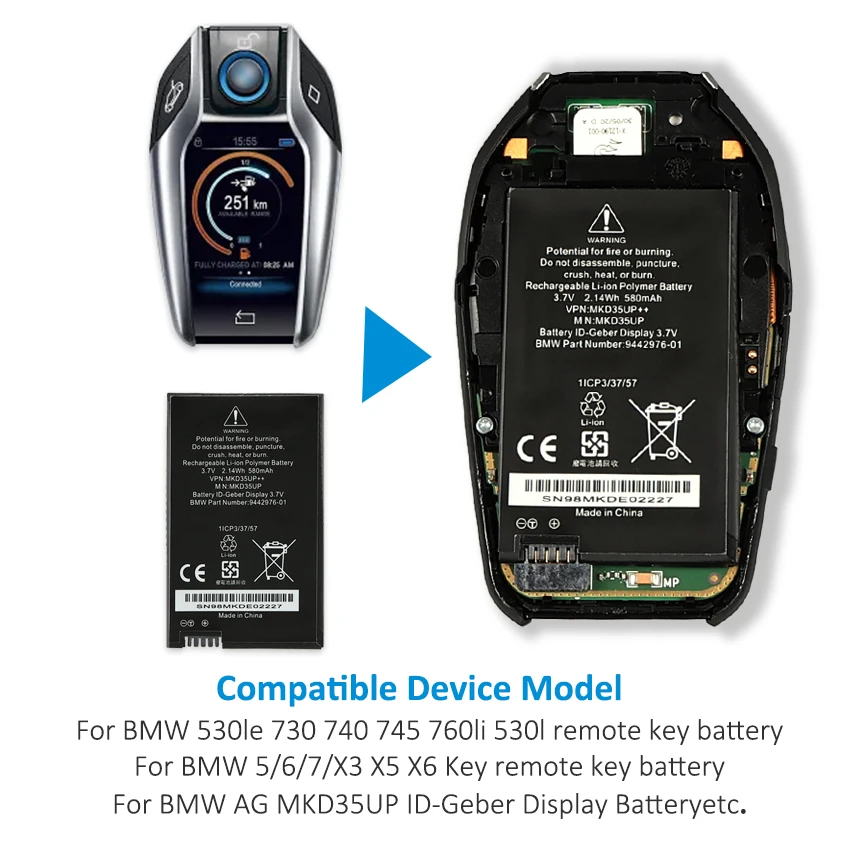 MKD35UP Remote LCD Key Battery For BMW X3 X4 X5 X6 X7 530Le 730 740 745 760LI 9442976-01 1ICP3/37/57 D-80788 6814351
