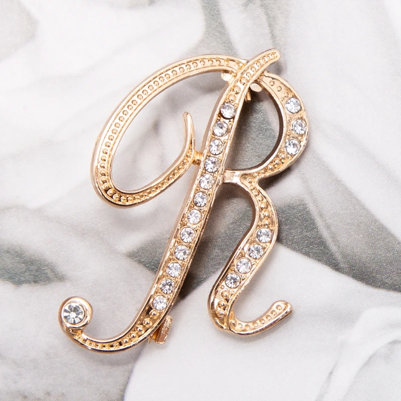 Women Luxury Letter Brooch Pins In Gold Color Rhinestones Crystal English Alphabet Metal Pins Cute Jewelry Accessories Gift