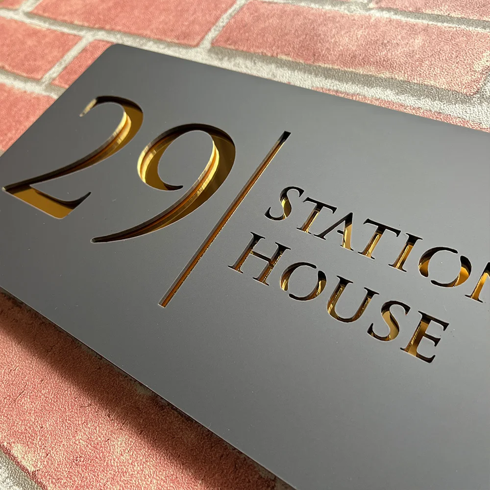 Personalised Laser Cut 28cm Acrylic Modern 3D Floating House Number sign Outdoor Street Family Name Plaque Matte Black Grey