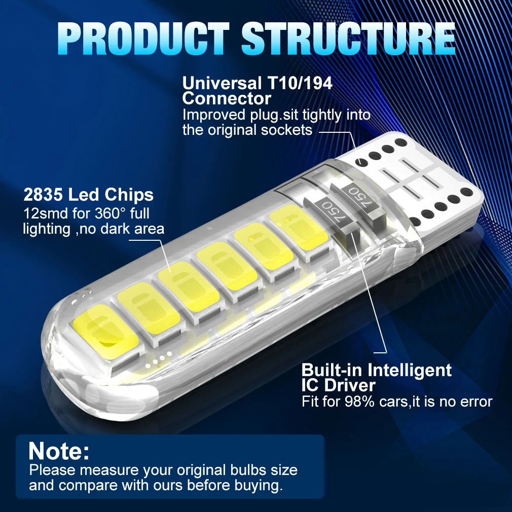 2/10x W5W T10 Led Bulbs Canbus 168 194 12pcs 2835 Chips Car Interior Dome Reading License Plate Light Signal Lamp 6000K 12V
