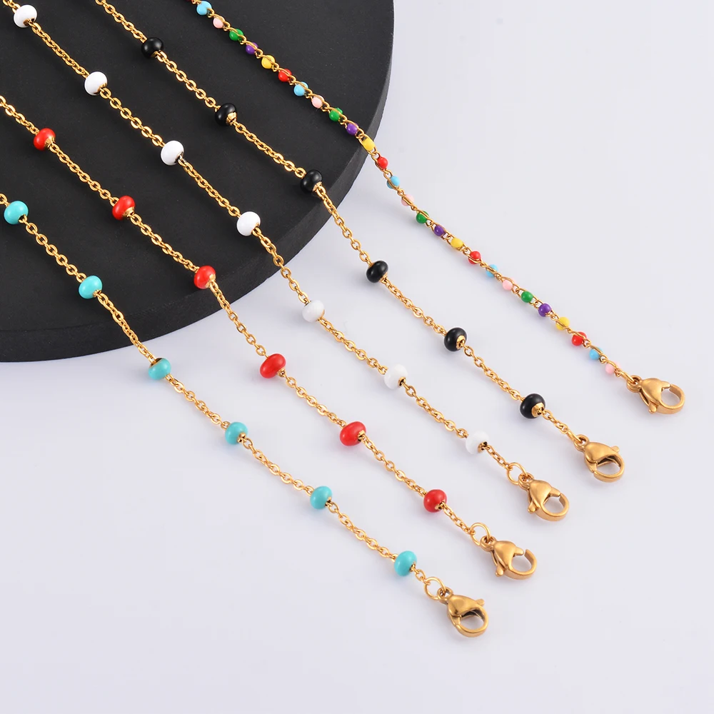 Stainless Steel Gold Plated Beads Chain Necklace for Women Choker Colored Enamel Bracelets Anklet Trend Waterproof Jewelry