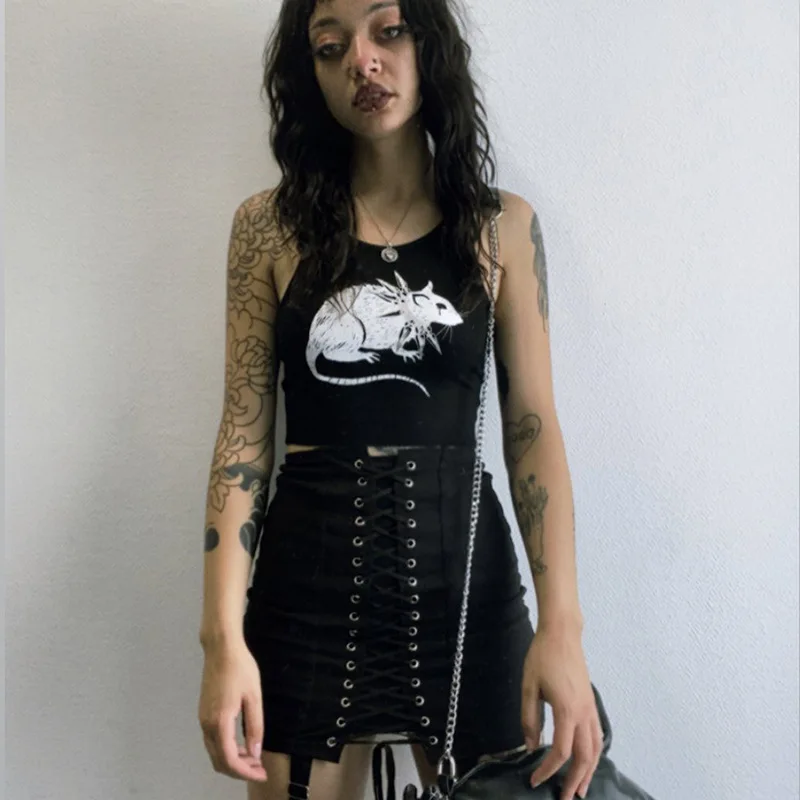 Mouse Print Black Tank Goth Sexy Bodycon Cropped Tops Women Streetwear Harajuku O Neck Knitted Basic Tank Top