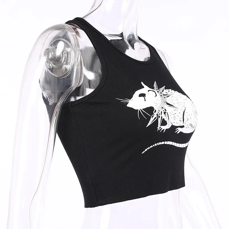 Mouse Print Black Tank Goth Sexy Bodycon Cropped Tops Women Streetwear Harajuku O Neck Knitted Basic Tank Top