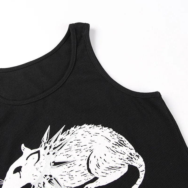 Mouse Print Black Tank Goth Sexy Bodycon Cropped Tops Women Streetwear Harajuku O Neck Knitted Basic Tank Top