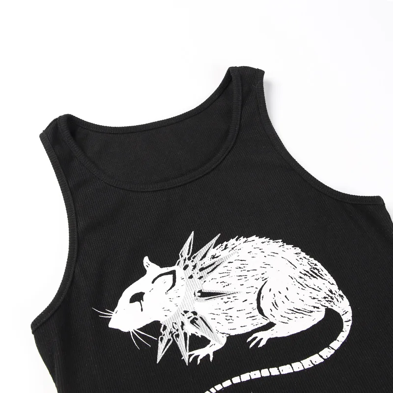 Mouse Print Black Tank Goth Sexy Bodycon Cropped Tops Women Streetwear Harajuku O Neck Knitted Basic Tank Top