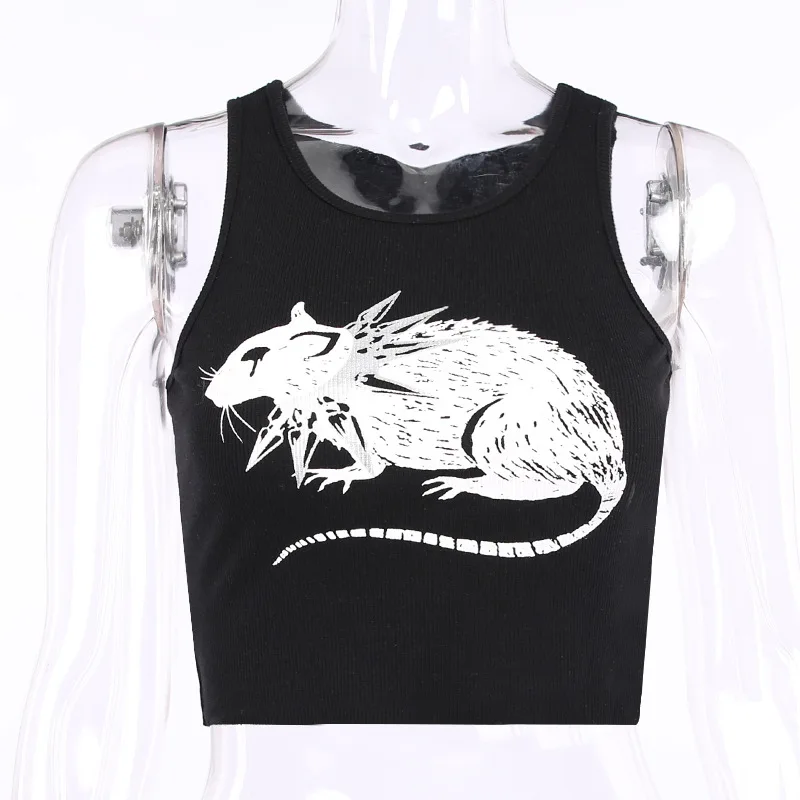 Mouse Print Black Tank Goth Sexy Bodycon Cropped Tops Women Streetwear Harajuku O Neck Knitted Basic Tank Top