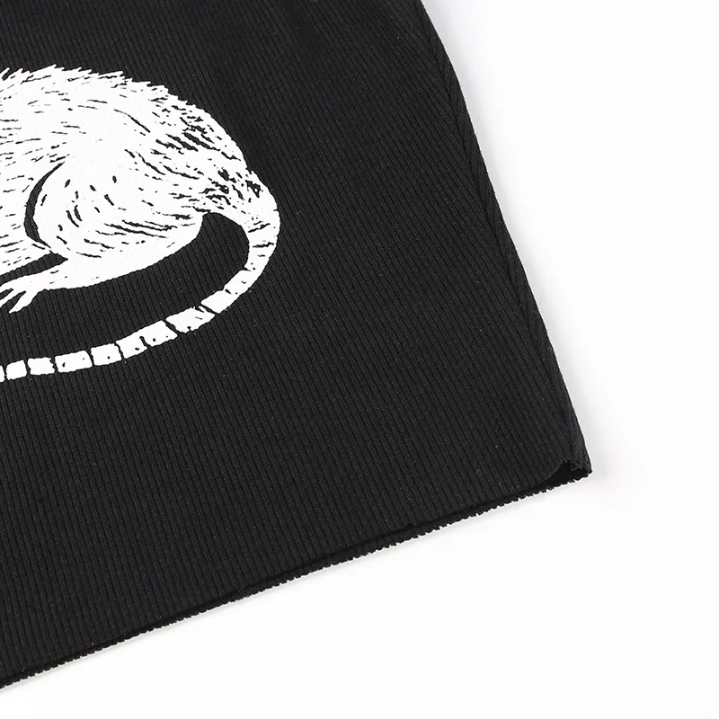 Mouse Print Black Tank Goth Sexy Bodycon Cropped Tops Women Streetwear Harajuku O Neck Knitted Basic Tank Top