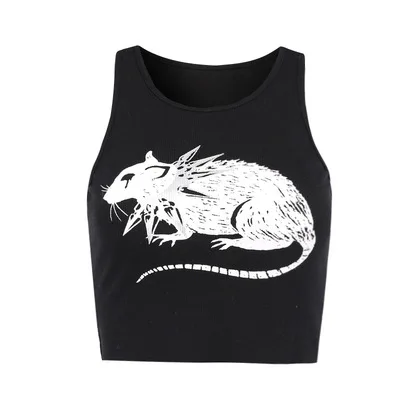Mouse Print Black Tank Goth Sexy Bodycon Cropped Tops Women Streetwear Harajuku O Neck Knitted Basic Tank Top